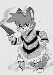  absurd_res domestic_cat felid feline felis gun handgun hi_res holding_gun holding_handgun holding_object holding_ranged_weapon holding_revolver holding_weapon kroenasneko looking_at_viewer male mammal monochrome ranged_weapon revolver simple_background smoke solo standing weapon zaku_(zaaru) 