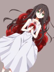  black_hair blood blood_on_clothes dress female flower from_above green_eyes grey_background hair_between_eyes highres holding holding_flower id_:invaded long_hair looking_at_viewer lying on_back own_hands_together pool_of_blood simple_background white_dress yukineko_(eatu) 