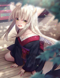  :d animal_ear_fluff animal_ears black_kimono blonde_hair blurry blurry_foreground breasts cleavage collarbone commentary day depth_of_field female floating_hair fox_ears fox_girl fox_tail from_above highres japanese_clothes kimono leaf light_rays long_hair long_sleeves looking_at_viewer obi oerba_yun_fang on_floor open_mouth original sash short_kimono sidelocks signature sitting small_breasts smile solo sparkle straight_hair sunlight suzuki_nene tail wariza wide_sleeves wooden_floor yellow_eyes 