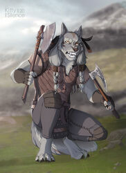  2020 4_toes 5_fingers anthro canid canine canis clothed clothing cloud day detailed_background digital_media_(artwork) feet fingers hi_res katerezonate male mammal outside sky solo teeth toes weapon wolf 