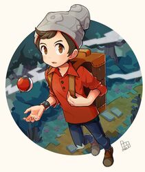  1boy bad_id bad_pixiv_id beanie bo9_(bo9_nc) brown_eyes brown_footwear brown_hair cable_knit commentary_request dated denim full_body grey_hat hat holding_strap jeans male_focus open_mouth pants plaid poke_ball poke_ball_(basic) pokemon pokemon_swsh red_shirt shirt shoes sleeves_rolled_up solo standing suitcase swept_bangs tongue torn_clothes torn_jeans torn_pants victor_(pokemon) 