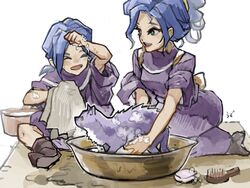  1boy alfador blue_hair brother_and_sister chrono_trigger closed_eyes earrings feline female green_eyes hair_brush hand_on_own_face highres holding holding_towel janus_zeal jewelry looking_at_another purple_robe robe schala_zeal siblings sitting smile soap towel uzutanco washing washpan 