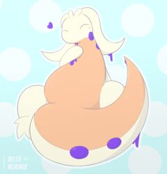  blush delta-eon female feral generation_6_pokemon goodra lying nintendo pokemon pokemon_(species) shiny_pokemon simple_background slightly_chubby solo tail tailbutt 