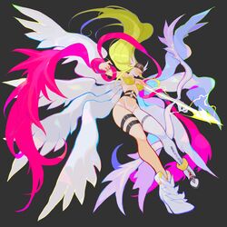  absurdres angel_wings angewomon bow_(weapon) breasts commentary digimon digimon_(creature) elbow_gloves energy_arrow english_commentary feathered_wings female floating full_body gloves grey_background helmet highres holding holding_bow_(weapon) holding_weapon long_hair looking_down medium_breasts multiple_wings navel pink_scarf rae_(hexedwithluck) scarf single_elbow_glove single_glove single_leg_pantyhose solo thigh_strap very_long_hair weapon white_gloves wings 