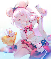  animal_ears animal_on_shoulder brooch cellphone cheese crop_top fake_animal_ears female food granblue_fantasy hair_ornament hairclip holding holding_phone jewelry long_sleeves looking_at_viewer midriff miniskirt mouse_(animal) mouse_ears navel phone pillow selfie shirt short_hair sitting skirt smartphone solo thigh_strap v vienri vikala_(granblue_fantasy) white_hair white_shirt white_skirt 