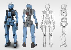  absurdres bad_id bad_twitter_id blueprint_(medium) clenched_hand from_behind highres humanoid_robot kusami_toka_naku_au line_art looking_ahead multiple_views no_humans open_hands original reference_sheet robot science_fiction 