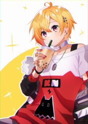  96neko ahoge bad_id bad_pixiv_id bare_shoulders black_jacket blonde_hair bubble_tea collar commentary_request cup disposable_cup drinking_straw earrings female fur-trimmed_jacket fur_trim hair_between_eyes hair_ornament highres holding holding_cup indie_utaite jacket jewelry kitasaya_ai long_sleeves nail_polish off-shoulder_shirt off_shoulder open_clothes open_jacket red_nails red_shirt ring shirt short_sleeves solo utaite virtual_youtuber white_collar 