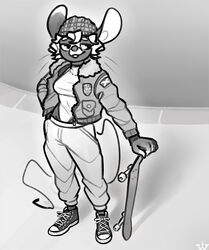  anthro aviator_jacket digital_media_(artwork) female hi_res mammal monochrome mouse murid murine rodent skateboard solo vehicle wick_(artist) 