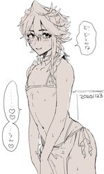  1boy apron bikini bulge corrin_(fire_emblem) corrin_(male)_(fire_emblem) crossdressing dated erection erection_under_clothes fire_emblem fire_emblem_fates heart highres maid maid_headdress male_focus micro_bikini monochrome navel nipple_cutout short_hair smile solo standing swimsuit translation_request w_(1999_kyu) 