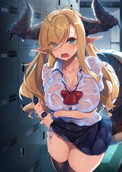  absurdres antenna_hair blonde_hair blue_eyes blue_skirt bow bowtie breasts cowboy_shot dragon_girl dragon_horns dragon_tail earrings eyes_visible_through_hair female hair_over_one_eye heart_antenna_hair highres horns indoors jewelry large_breasts locker long_hair looking_at_viewer mole mole_on_thigh no_bra open_mouth original panty_straps pointy_ears raiou red_bow red_bowtie scrunchie see-through shirt short_sleeves skirt solo standing tail thighhighs very_long_hair wet wet_clothes wet_shirt white_shirt wringing_clothes wrist_scrunchie 