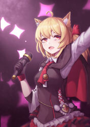  ahoge animal_ear_fluff animal_ears arknights arm_up ascot black_capelet black_gloves black_vest blonde_hair capelet collared_shirt cowboy_shot fangs female frilled_skirt frills gloves hair_ribbon ling_huanxiang looking_at_viewer medium_hair microphone miniskirt music open_mouth red_ascot red_eyes red_skirt ribbon shirt side_ponytail singing skirt solo sora_(arknights) sparkle vest white_shirt wing_collar wolf_ears 