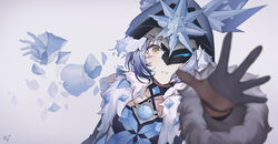  ark_john_up black_gloves blue_hair blurry breasts broken broken_mask brown_gloves cicin_mage_(genshin_impact) cloak collarbone commentary cryo_cicin_mage_(genshin_impact) death delusion_(genshin_impact) depth_of_field diamond_(gemstone) disintegration english_commentary eye_mask female foreshortening fur-trimmed_hood fur-trimmed_sleeves fur_cuffs fur_trim genshin_impact gloves gradient_background grey_background hood hooded_cloak ice initial looking_at_viewer mask messy_hair outstretched_arm parted_lips reaching reaching_towards_viewer sad shattered short_hair signature small_breasts solo upper_body white_background wide-eyed yellow_eyes 