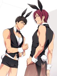  2boys alternate_costume animal_ears ass bare_shoulders black_hair black_leotard black_shorts black_vest blue_eyes bow bowtie bulge cowboy_shot crossdressing detached_collar fake_animal_ears free! hair_between_eyes leotard looking_at_viewer male_focus male_playboy_bunny matsuoka_rin multiple_boys okii_(oh_ki_ik) pantyhose pectoral_cleavage pectorals rabbit_ears rabbit_tail red_eyes red_hair short_hair shorts tail thighs toned toned_male tuxedo vest white_background wrist_cuffs yamazaki_sousuke 