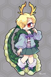  :&lt; antlers blonde_hair dragon_tail eyes_visible_through_hair female full_body green_footwear green_skirt harunori_(hrnrx) highres horns kicchou_yachie long_sleeves miniskirt one_eye_closed pointy_ears puffy_sleeves red_eyes shoes short_hair signature skirt socks solo tail touhou 