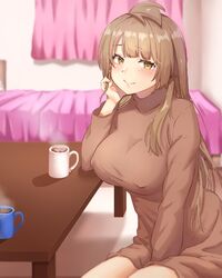  bed between_legs blush breasts brown_eyes brown_hair brown_sweater closed_curtains closed_mouth commentary_request covered_nipples cup curtains erena_(sakura_aimax) female hand_between_legs highres indoors large_breasts long_hair looking_at_viewer love_live! love_live!_school_idol_project minami_kotori mug one_side_up sidelocks smile solo sweater table yellow_eyes 