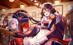  3girls :d ange_katrina apron brown_hair closed_eyes cup glass_teapot grey_hair hair_between_eyes hair_ornament heterochromia highres holding holding_teapot inui_toko japanese_clothes jar lalazyt lize_helesta long_hair long_sleeves maid maid_apron maid_headdress multiple_girls nijisanji open_mouth red_eyes red_hair sanbaka_(nijisanji) smile tea teacup teapot tongue tongue_out virtual_youtuber yellow_eyes 