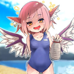  animal_ears bare_arms bare_legs bare_shoulders beach bird_ears bird_wings blue_one-piece_swimsuit blurry blurry_background blush collarbone commission cowboy_shot drooling drunk earrings feathered_wings female highres holding jewelry looking_at_viewer mouth_drool mystia_lorelei ocean one-piece_swimsuit open_mouth pink_hair school_swimsuit short_hair single_earring skeb_commission solo squeans swimsuit tatuhiro touhou white_wings wings yellow_eyes 