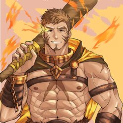  1boy abs bara bare_pectorals brown_hair cape chains chest_harness club_(weapon) facial_hair fire flaming_eye goatee harness heracles_(housamo) highres korean_commentary large_pectorals leather long_sideburns looking_at_viewer male_focus muscular muscular_male navel nipples over_shoulder pectorals revealing_clothes scar scar_on_chest short_hair sideburns solo tokyo_afterschool_summoners upper_body veins weapon weapon_over_shoulder yellow_cape yeon_(leyonkim) 