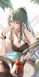  arknights bare_arms bare_shoulders breasts clouble eyebrows_hidden_by_hair female food green_hair hair_between_eyes highres horns hoshiguma_(arknights) jacket jewelry large_breasts long_hair looking_at_viewer official_alternate_costume onigiri pants ponytail ring single_horn sitting skin-covered_horns sleeveless solo swimsuit wristband yellow_eyes 