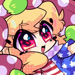  american_flag blonde_hair close-up clownpiece female harunori_(hrnrx) hat jester_cap neck_ruff open_mouth polka_dot red_eyes shirt solo star_(symbol) striped_clothes striped_shirt touhou unmoving_pattern 