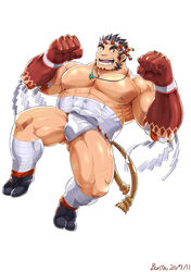  1boy abs arm_hair bandages bara bare_pectorals black_flower black_hair blush bulge bunta_ru chest_hair facial_hair flower forked_eyebrows full_body fundoshi goatee hachimaki hairy happi headband highres japanese_clothes jewelry large_pectorals leg_hair long_sideburns magatama magatama_necklace male_focus male_underwear midriff_sarashi muscular muscular_male navel navel_hair necklace nejiri_hachimaki nipples pectorals sarashi short_hair sideburns simple_background smile solo stubble tajikarao_(housamo) thick_eyebrows thick_thighs thighs tokyo_afterschool_summoners tusks underwear white_background white_male_underwear 