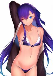  arm_behind_head arm_up armpits bare_shoulders bikini black_jacket blue_eyes blue_ribbon blush breasts collarbone fate/extra fate/extra_ccc fate_(series) female hair_ribbon jacket kameponde long_hair long_sleeves looking_at_viewer meltryllis_(fate) one_eye_closed open_clothes open_jacket open_mouth purple_bikini purple_hair ribbon simple_background sleeves_past_fingers sleeves_past_wrists small_breasts solo swimsuit very_long_hair white_background 