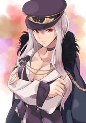  breasts choker cleavage cloak collarbone crossed_arms dress female fur girls&#039;_frontline hat highres kar98k_(girls&#039;_frontline) large_breasts long_hair looking_at_viewer medium_breasts military military_hat military_uniform niac red_eyes simple_background solo uniform white_hair 