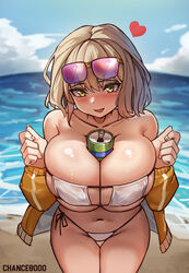  absurdres anis_(nikke) anis_(sparkling_summer)_(nikke) arm_under_breasts aviator_sunglasses bare_shoulders between_breasts bikini breasts brown_hair can chance8000 commentary drink_can eyepatch_bikini eyewear_on_head female goddess_of_victory:_nikke hair_ornament heart highres jacket large_breasts looking_at_viewer navel off_shoulder official_alternate_costume open_mouth orange_jacket pink-tinted_eyewear sexually_suggestive short_hair side-tie_bikini_bottom skindentation smile soda_can solo string_bikini summer sunglasses swimsuit thigh_gap tinted_eyewear white_bikini yellow_jacket 