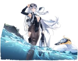  areola_slip arm_up armpit_cutout armpits azur_lane black_pantyhose black_wetsuit bodysuit breasts center_opening clothing_cutout diving_mask diving_mask_on_head diving_regulator diving_suit enterprise_(azur_lane) enterprise_(diving_under_blue_skies)_(azur_lane) female flippers goggles goggles_on_head highres kurumi_(recycllamo) large_breasts manjuu_(azur_lane) official_alternate_costume official_art oxygen_tank pantyhose purple_eyes scuba scuba_gear scuba_tank solo torn_clothes torn_pantyhose transparent_background water wetsuit 