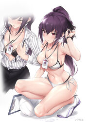  alternate_costume bikini black_bra black_skirt blush bra breasts cleavage clipboard closed_mouth collared_shirt contemporary dress_shirt fate/grand_order fate_(series) female hair_between_eyes half-closed_eyes id_card kneeling lanyard large_breasts long_hair looking_at_viewer multiple_views navel open_clothes open_mouth open_shirt parfaitlate ponytail purple_hair red_eyes scathach_(fate) scathach_skadi_(fate) shirt skirt swimsuit thighs underwear volleyball white_bikini white_footwear white_shirt 