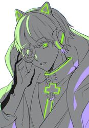  1boy al2o3_na animal_ear_headphones animal_ears asuka_r._kreutz black_gloves cat_ear_headphones cross elbow_gloves fake_animal_ears gloves green_eyes guilty_gear guilty_gear_strive halo headphones highres latin_cross long_sleeves looking_at_viewer male_focus monochrome neon_palette parted_lips short_hair simple_background spiked_halo two-tone_gloves upper_body white_gloves 