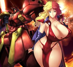  beam_saber blonde_hair breasts cape chara_soon cleavage covered_navel covered_nipples crossed_legs detached_sleeves female glowing glowing_eye green_eyes grey_eyes gundam gundam_zz haganef holding holding_sword holding_weapon huge_breasts leaning_forward looking_to_the_side looking_up mecha multicolored_hair one-eyed parted_bangs r-jarja red_hair robot short_bangs solo split-color_hair sword thick_thighs thighs two-tone_hair weapon zeon 