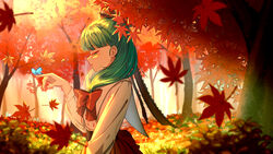  absurdres adapted_costume autumn blunt_bangs blurry blurry_foreground blush bow brown_skirt bug butterfly butterfly_on_hand commentary depth_of_field dress falling_leaves female forest frilled_ribbon frills from_side front_ponytail green_hair hair_ribbon hairbow half-closed_eyes highres index_finger_raised jiege kagiyama_hina leaf long_hair looking_at_animal nature open_mouth profile red_bow red_ribbon ribbon skirt solo standing touhou tree upper_body white_dress 