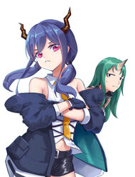  2girls arknights bare_shoulders belt black_shorts blue_gloves blue_hair blue_jacket blush can&#039;t_be_this_cute ch&#039;en_(arknights) closed_mouth collared_shirt cowboy_shot crossed_arms dragon_horns frown gloves green_hair hair_between_eyes head_tilt horns hoshiguma_(arknights) jacket ling_huanxiang long_hair looking_at_viewer midriff multiple_girls necktie off_shoulder ore_no_imouto_ga_konna_ni_kawaii_wake_ga_nai parody pink_eyes shirt short_shorts shorts simple_background single_horn skin-covered_horns sleeveless sleeveless_shirt sweatdrop turtleneck twintails white_background white_shirt wing_collar yellow_necktie 