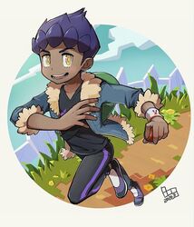  1boy bad_id bad_pixiv_id bag black_pants black_shirt blue_jacket bo9_(bo9_nc) bright_pupils commentary_request dark-skinned_male dark_skin dated duffel_bag full_body fur-trimmed_jacket fur_trim grass green_bag holding holding_poke_ball hop_(pokemon) jacket leg_up male_focus open_clothes open_jacket open_mouth pants poke_ball poke_ball_(basic) pokemon pokemon_swsh purple_hair shirt shoes short_hair sleeves_past_elbows smile solo standing standing_on_one_leg teeth tongue white_pupils yellow_eyes 