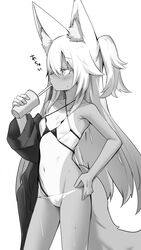  animal_ear_fluff animal_ears bikini breasts cowboy_shot criss-cross_halter cup disposable_cup drink drinking drinking_straw female fox_ears fox_tail from_side greyscale groin halterneck hand_on_own_hip highres holding holding_cup holding_drink kokonoe_tsubaki long_hair lowleg lowleg_bikini monochrome multi-strapped_bikini navel one-piece_tan one_side_up original profile simple_background small_breasts solo stomach sweat swimsuit tail tan tanlines very_long_hair white_background yoshizawa_tsubaki 