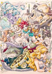  4girls 6+boys :d alfador anniversary armband artist_name ayla_(chrono_trigger) azala bandana bare_shoulders black_shorts blonde_hair blue_eyes blue_hair blue_shirt bracelet breasts brown_footwear brown_headwear choker chrono_trigger cleavage closed_eyes closed_mouth commentary_request crono_(chrono_trigger) dress earrings english_text feline flea_(chrono_trigger) floating_hair flower_pot frog_(chrono_trigger) frog_boy gaspar_(chrono_trigger) glasses grey_pants grey_scarf happy hat headband helmet highres horns janus_zeal jewelry kino_(chrono_trigger) lamppost long_hair lucca_ashtear magus_(chrono_trigger) marle_(chrono_trigger) maruno multiple_boys multiple_girls necklace nu_(chrono_trigger) one_eye_closed open_mouth orange_shirt ozzie_(chrono_trigger) pants plant ponytail potted_plant purple_hair purple_robe red_hair robe robo_(chrono_trigger) robot sandals scarf schala_zeal shirt shoes short_hair shorts slash_(chrono_trigger) smile spekkio spiked_hair strapless strapless_dress teeth upper_teeth_only wavy_hair white_dress white_headband 