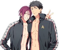  2boys abs alternate_costume bare_pectorals black_hair black_jacket blue_eyes collarbone couple free! hair_between_eyes hand_on_another&#039;s_shoulder heads_together jacket male_focus male_swimwear matsuoka_rin multiple_boys navel okii_(oh_ki_ik) open_clothes open_jacket pectorals red_eyes red_hair short_hair smile toned toned_male track_jacket upper_body v yamazaki_sousuke yaoi 