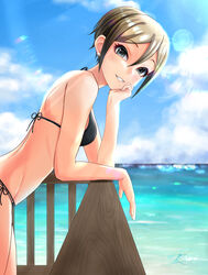  absurdres arm_support bare_arms bikini black_bikini blue_sky breasts brown_hair cloud day deck_(architecture) earrings female grey_eyes grin hair_between_eyes halterneck hand_on_own_chin hand_on_own_face head_rest highres horizon idolmaster idolmaster_cinderella_girls jewelry looking_at_viewer medium_breasts ocean outdoors railing shiomi_syuko short_hair side-tie_bikini_bottom sky smile solo string_bikini swimsuit t.r water 