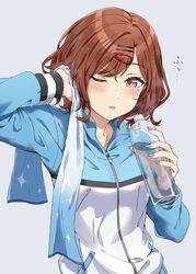  ayano_yuu_(sonma_1426) blue_jacket blush bottle brown_hair commentary drinking female grey_background hair_ornament hairclip hand_in_own_hair highres higuchi_madoka holding holding_bottle idolmaster idolmaster_shiny_colors jacket long_sleeves looking_at_viewer looking_to_the_side mole mole_under_eye nail_polish one_eye_closed purple_eyes purple_nails short_hair simple_background solo towel track_suit upper_body water_bottle zipper zipper_pull_tab 