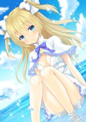  ass bare_legs blue_eyes blue_ribbon bow breasts cloud commentary_request day dress emori_el female hairbow highres in_water liver_city long_hair looking_at_viewer ocean outdoors ribbon sitting small_breasts smile solo uonuma_yuu water white_bow white_dress 