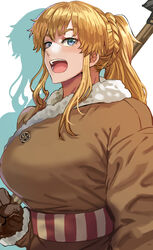  blonde_hair blue_eyes breasts daraz female fur_trim gloves highres large_breasts long_hair looking_at_viewer open_mouth ponytail portrait solo_focus tunic viking vinland_saga ylva 