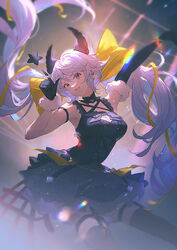  animal_ears armband asymmetrical_gloves black_dress black_gloves black_thighhighs blurry breasts cleavage cleavage_cutout clothing_cutout commentary depth_of_field detached_collar dress elbow_gloves female garter_straps gloves granblue_fantasy hand_up index_finger_raised large_breasts long_hair looking_at_viewer open_mouth outstretched_arm petticoat purple_hair satyr_(granblue_fantasy) single_elbow_glove single_glove sleeveless sleeveless_dress smile solo symbol-only_commentary thighhighs twintails uneven_gloves very_long_hair vienri 