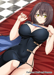  ahoge armlet asymmetrical_clothes azur_lane baltimore_(azur_lane) baltimore_(evening_breeze_minuet)_(azur_lane) bare_shoulders black_cape black_dress blue_cape blue_cloak blush braid breasts brown_hair cape checkered_floor choker cleavage cloak collarbone commentary covered_navel cowboy_shot dress english_commentary evening_gown female french_braid groin hair_between_eyes hellandheaven highres large_breasts looking_at_viewer lying mixed-language_commentary official_alternate_costume on_back on_bed patreon_username short_hair side_slit sidelocks single_bare_shoulder smile solo two-tone_cape yellow_eyes 