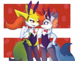  aleph alpha_channel ambiguous_gender anthro braixen braixen_vesta_(kitsunekotaro) bunny_costume clothing costume duo fan_character femboy generation_6_pokemon hosiery kitsunekotaro male nintendo playboy_outfit pokemon pokemon_(species) 