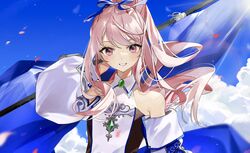  1other akiyama_mizuki bare_shoulders blue_flag blue_ribbon blue_sky commentary_request detached_sleeves flag green_brooch hair_ribbon highres holding holding_flag kaitou_shinshi_no_harahara!?_white_day_(project_sekai) long_hair looking_at_viewer mikanoisi outdoors parted_lips partial_commentary pink_eyes pink_hair ponytail project_sekai ribbon shirt sky sleeveless sleeveless_shirt smile solo upper_body white_shirt white_sleeves 