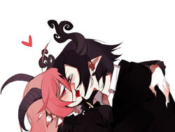  1boy ahoge bat_wings black_dress black_hair black_horns black_nails blush couple curled_horns demon_boy demon_girl demon_horns dress egg-byo female formal french_kiss funamusea haiiro_teien heart horns husband_and_wife kissing lil_(funamusea) looking_at_another pointy_ears purple_eyes red_eyes satanick_(funamusea) straight suit tongue wings 