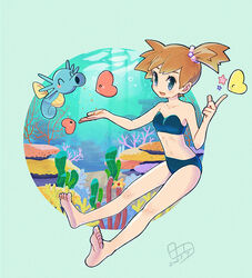  air_bubble alternate_color bad_id bad_pixiv_id bare_arms barefoot blush bo9_(bo9_nc) bubble collarbone commentary dated eyelashes feet female full_body horsea index_finger_raised kasumi_(pokemon) knees light_rays luvdisc navel one_side_up open_mouth orange_hair pokemon pokemon_(creature) pokemon_rgby shiny_pokemon side_ponytail smile soles star_(symbol) swimsuit symbol-only_commentary toes underwater 