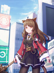  animal_ears arknights belt belt_pouch black_jacket black_necktie black_pantyhose black_skirt blue_sky breasts brown_hair building buttons cat_ears cat_tail chinese_commentary city closed_mouth cloud cloudy_sky collared_shirt commentary_request cowboy_shot day earrings female highres jacket jewelry ling_huanxiang long_hair looking_at_viewer medium_breasts miniskirt name_tag necktie open_clothes open_jacket orange_eyes outdoors pantyhose penguin_logistics_logo pleated_skirt pouch red_jacket rhine_lab_logo ring shirt skirt sky skyfire_(arknights) smile solo staff standing star_(symbol) striped striped_clothes striped_necktie tail vertical-striped_clothes vertical-striped_necktie white_shirt wide_sleeves wing_collar 