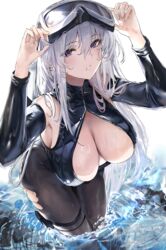  absurdres azur_lane bare_shoulders black_leotard blush breasts brown_pantyhose cleavage cleavage_cutout clothing_cutout detached_sleeves diving_mask diving_mask_on_head english_commentary enterprise_(azur_lane) enterprise_(diving_under_blue_skies)_(azur_lane) female goggles goggles_on_head grey_hair hair_between_eyes highres large_breasts leotard liaowen long_hair long_sleeves looking_at_viewer pantyhose purple_eyes solo thigh_strap thighs wading water wet 